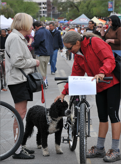 Event photography - Two friends and a Portuguese Water Dog at Fall 2011 Bicycle Swap Meet, Tucson, Arizona
