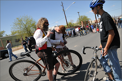Event photography - cyclists chatting at the Spring 2012 Bicycle Swap Meet, Tucson, Arizona