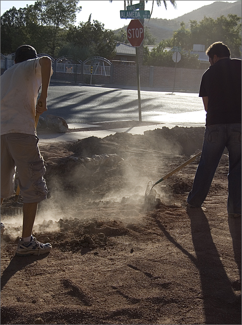Construction photography - Soil prep before planting begins on a water harvesting site, Tucson, Arizona