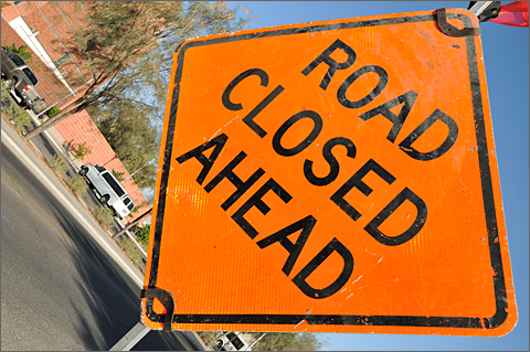 Construction photography - road closed sign on University of Arizona campus, Tucson