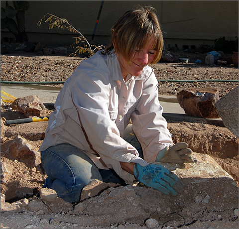 Construction photography - Putting the finishing touches on a bioretention basin, Tucson, Arizona