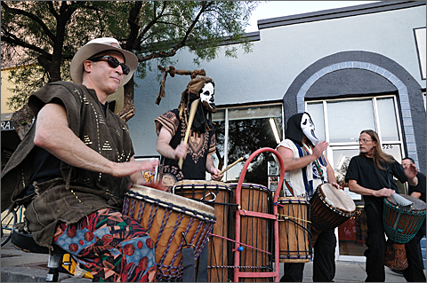 Event photography - Ghoulish percussionists performing before the start of the 2010 All Souls Procession, Tucson, Arizona