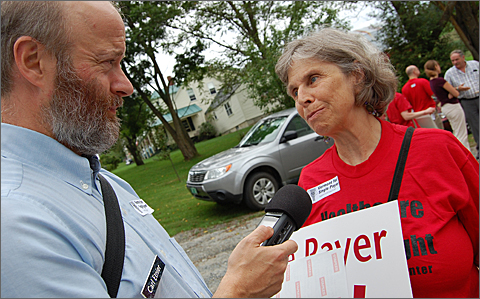 Event photography - Media interview at health care reform rally in Peacham, Vermont