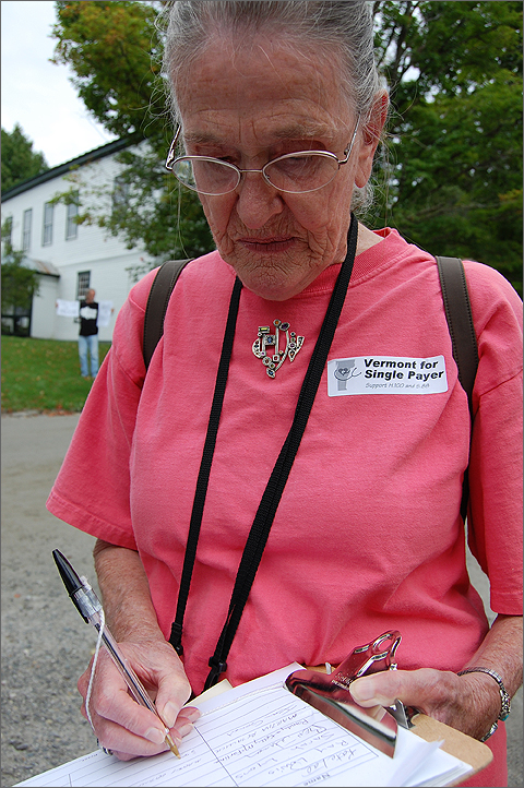 Event photography - Jean Retallick Gouert at health care reform rally in Peacham, Vermont