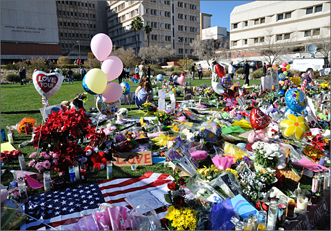 Event photography - Panoramic view of shrine to victims of shootings at Congresswoman Giffords Congress on Your Corner event