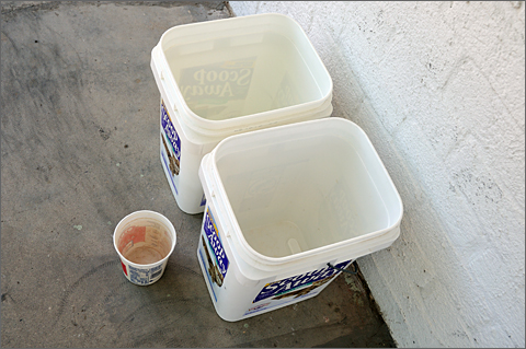 Photo essay - greywater harvesting buckets in Tucson, Arizona