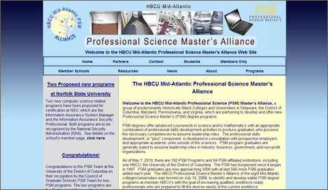 HBCU PSM website before redesign by Western Sky Communications, Tucson, Arizona