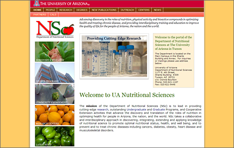 University of Arizona Departmental of Nutritional Sciences website after redesign by Western Sky Communications, Tucson, Arizona