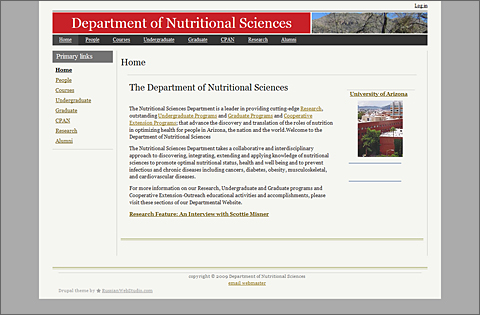 University of Arizona Departmental of Nutritional Sciences website before redesign by Western Sky Communications, Tucson, Arizona