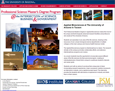 Website redesign - University of Arizona PSM in Applied Biosciences