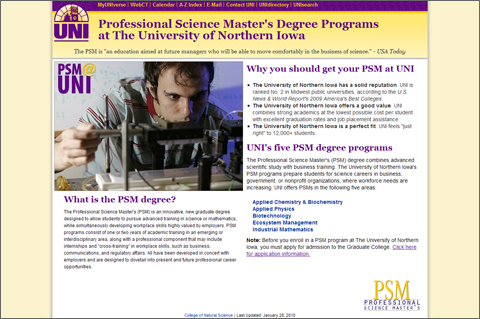 Website design - University of Northern Iowa PSM Programs